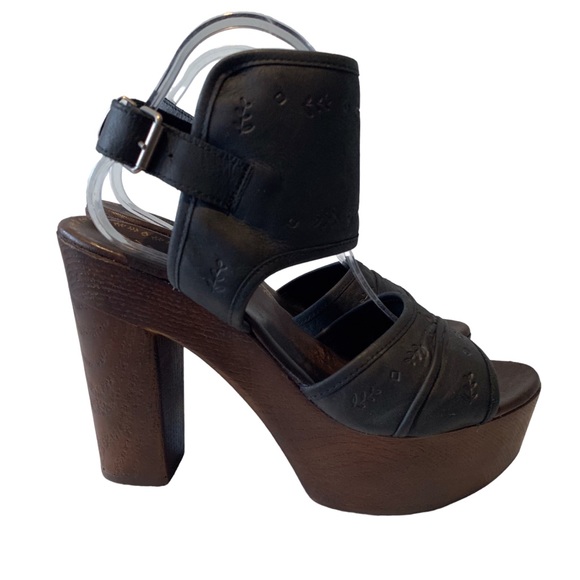 COOLWAY WOODEN PLATFORM HEELS SANDALS BLACK WITH FLORAL DESIGN SIZE 10 - Picture 9 of 16